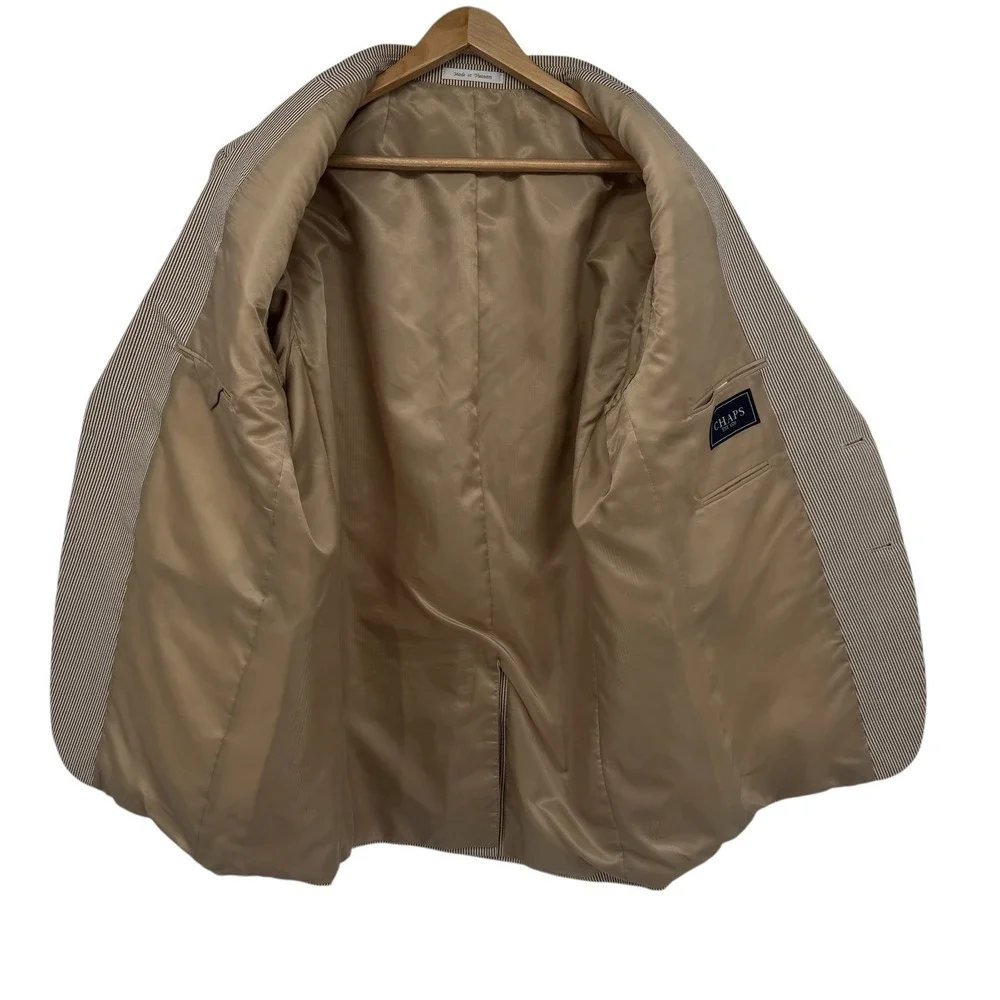 Chaps Men's Seersucker Blazer 46L Brown Stripe Cotton‎ Summer Sport Coat Preppy